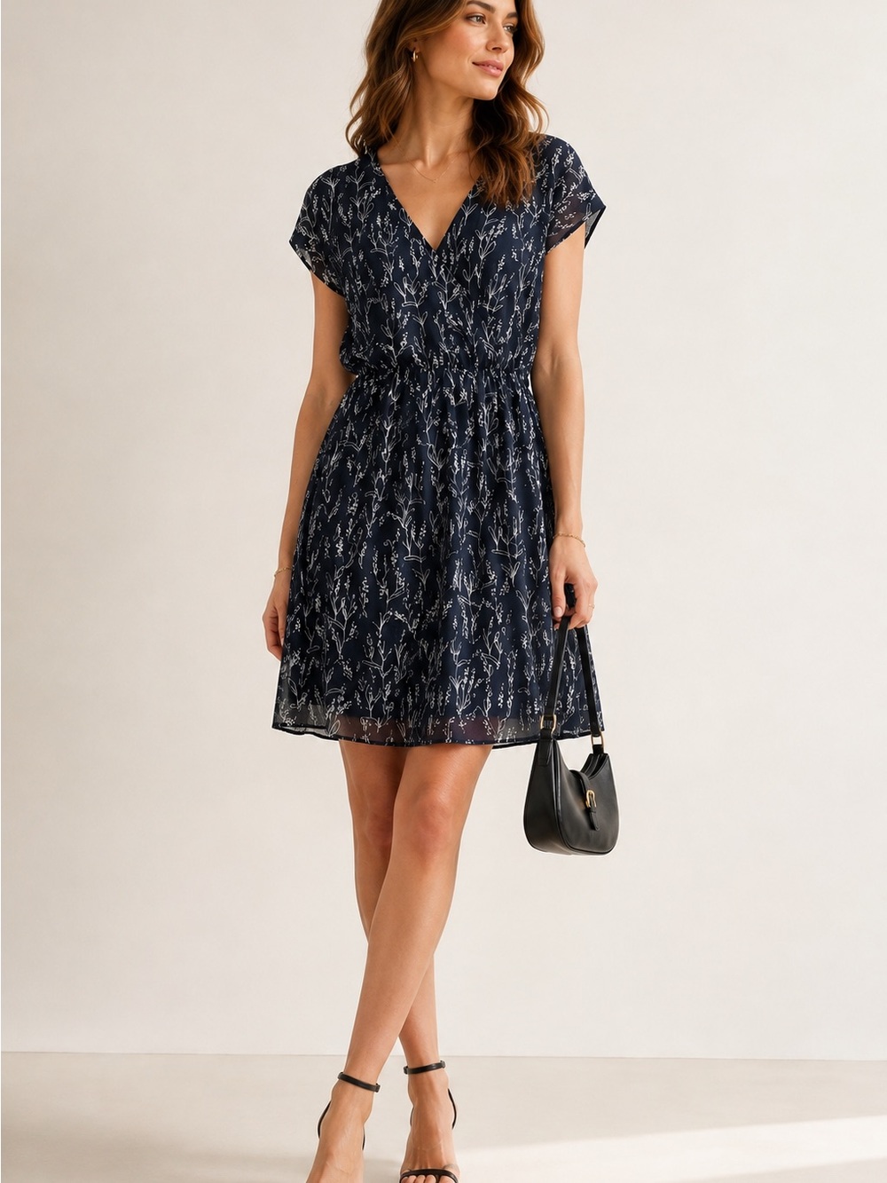 Propaganda Navy Floral V-Neck Mini Dress with Cinched Waist